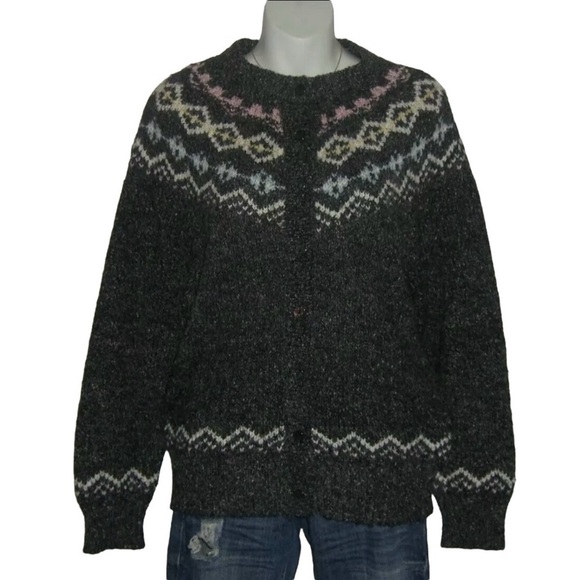 Idioms Sweater Vintage 90's Wool Blend Cardigan Fair Isle Ski Gray Pink Cottage - Picture 2 of 15